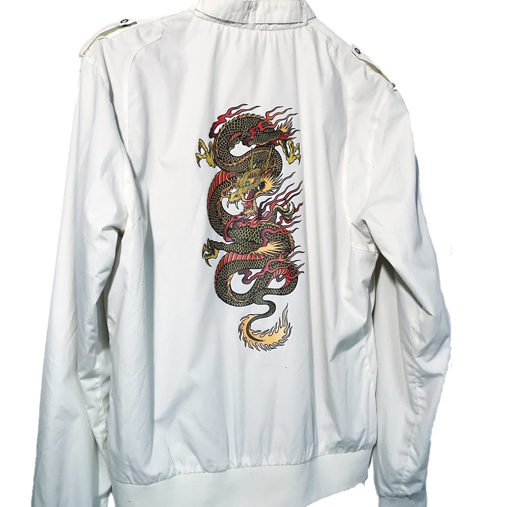 White/cream members only jacket with dragon print